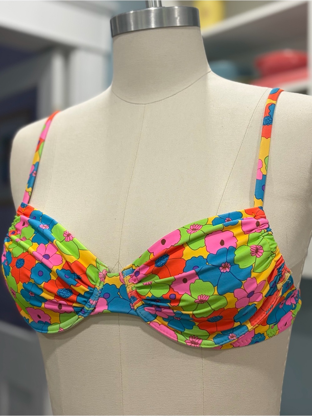 Neon Flower Power Ruched Bikini Top